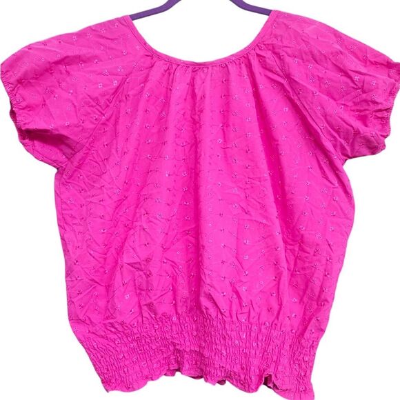 Bobbie Brooks‎ -1684 Eyelet Smoked Waist Peasant Blouse Hot Pink Plus Size 1X - Picture 3 of 6